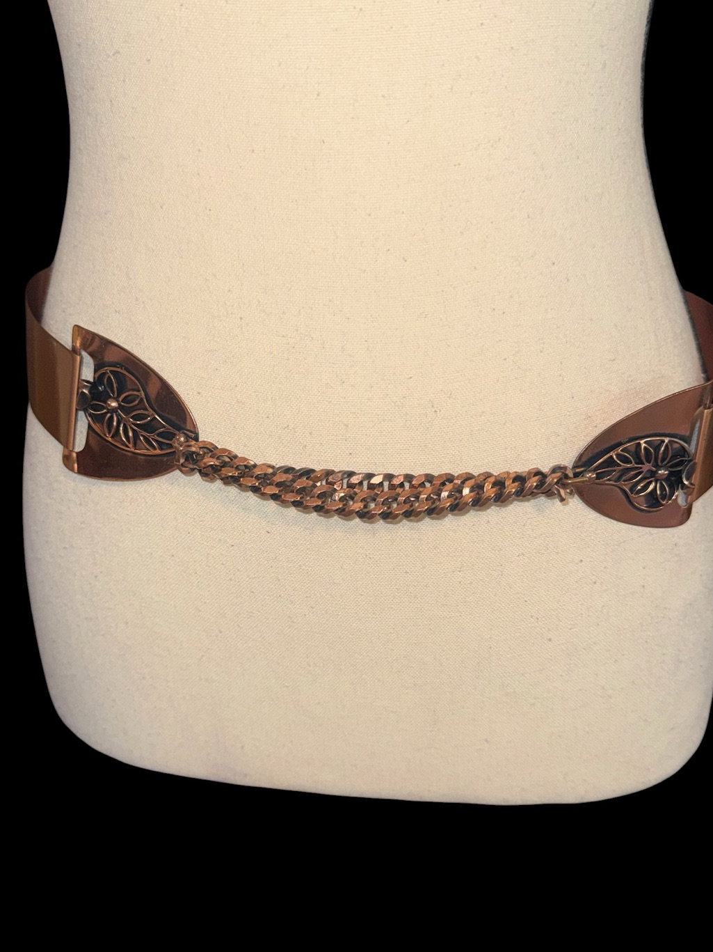 1950’s Solid Copper Waist Belt Connected By Floral Panels & Double Curb Chain